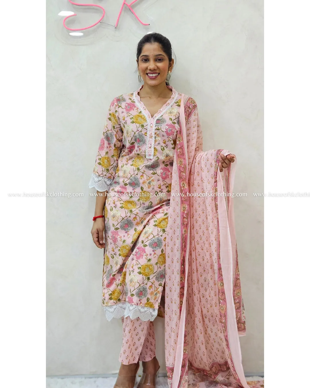 Pink Floral Cotton Kurta Set