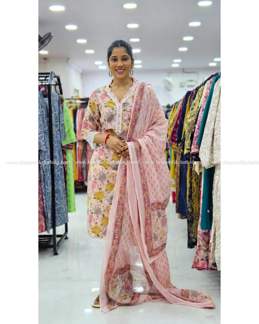 Pink Floral Cotton Kurta Set