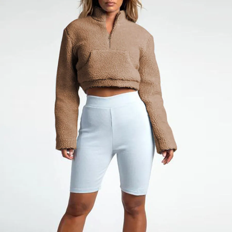 Polo Cropped Faux Fur Jacket Shearling Sweatshirt Pullover With Pocket