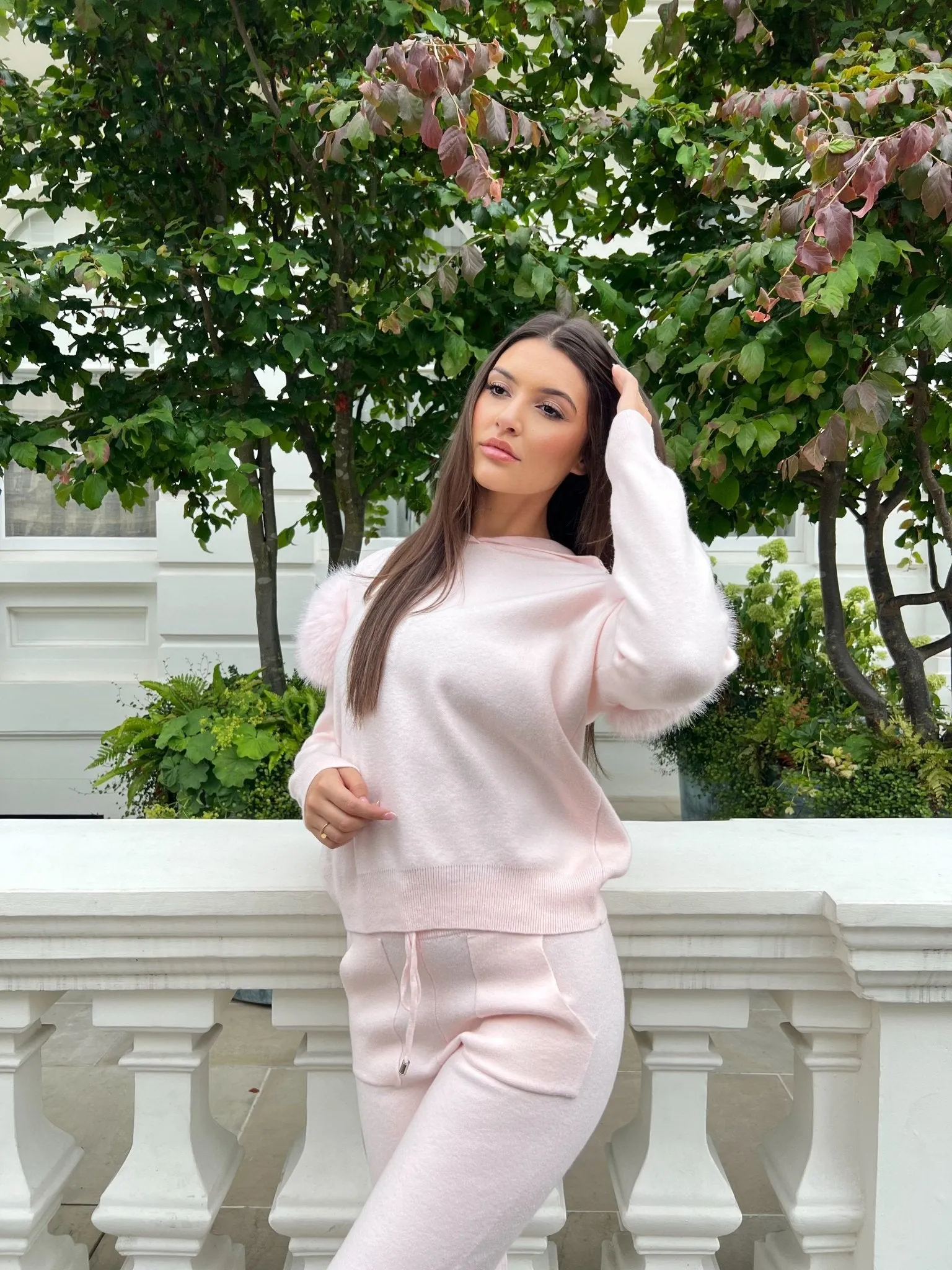 Premium Baby Pink Faux Fur Hooded Tracksuit