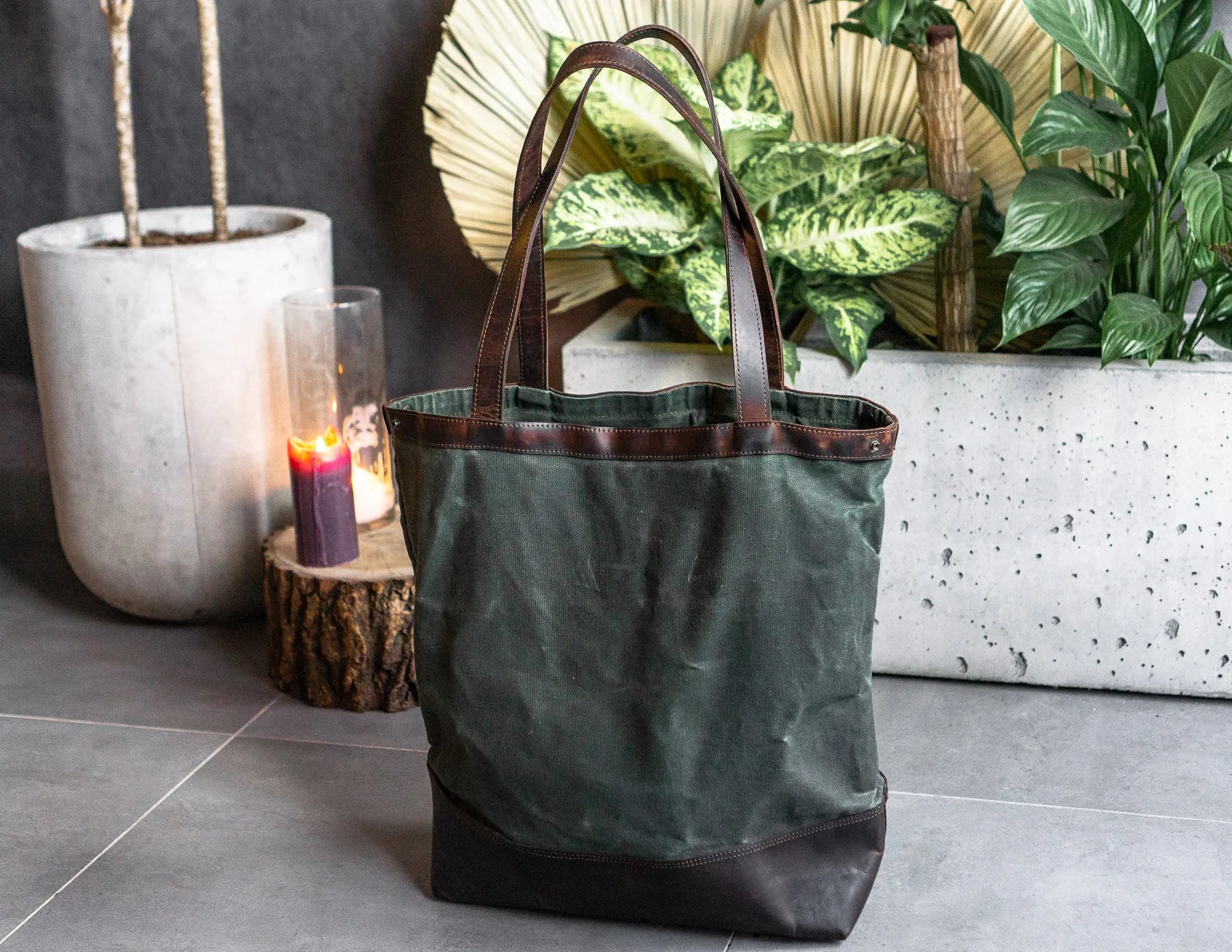 Tote Bag | - Waxed Canvas with Soft Leather, Minimalist Tote