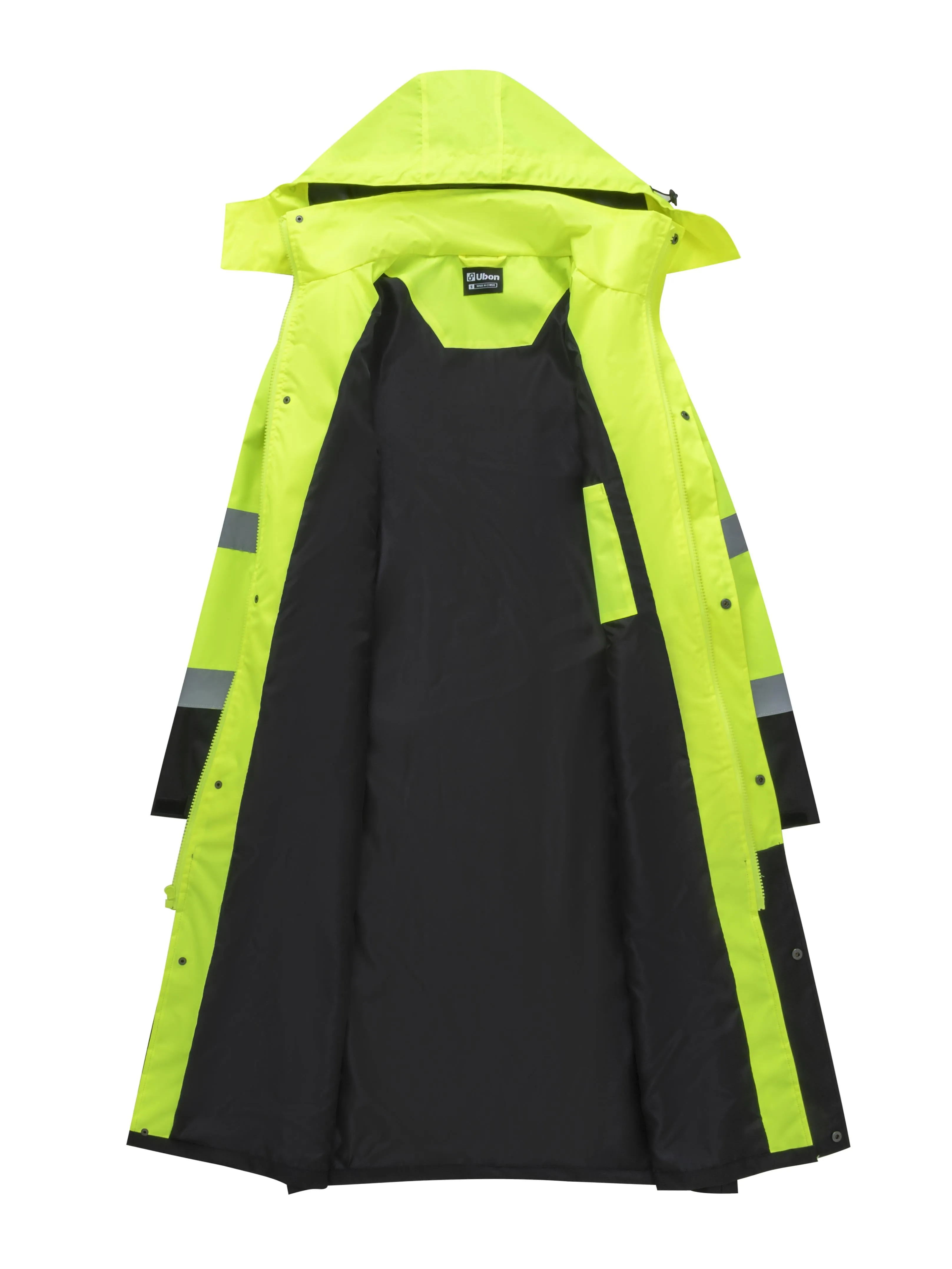 Ubon Men's Hi Vis Long Raincoat Waterproof Reflective Safety Rain Jacket High Visibility with Detachable Hood