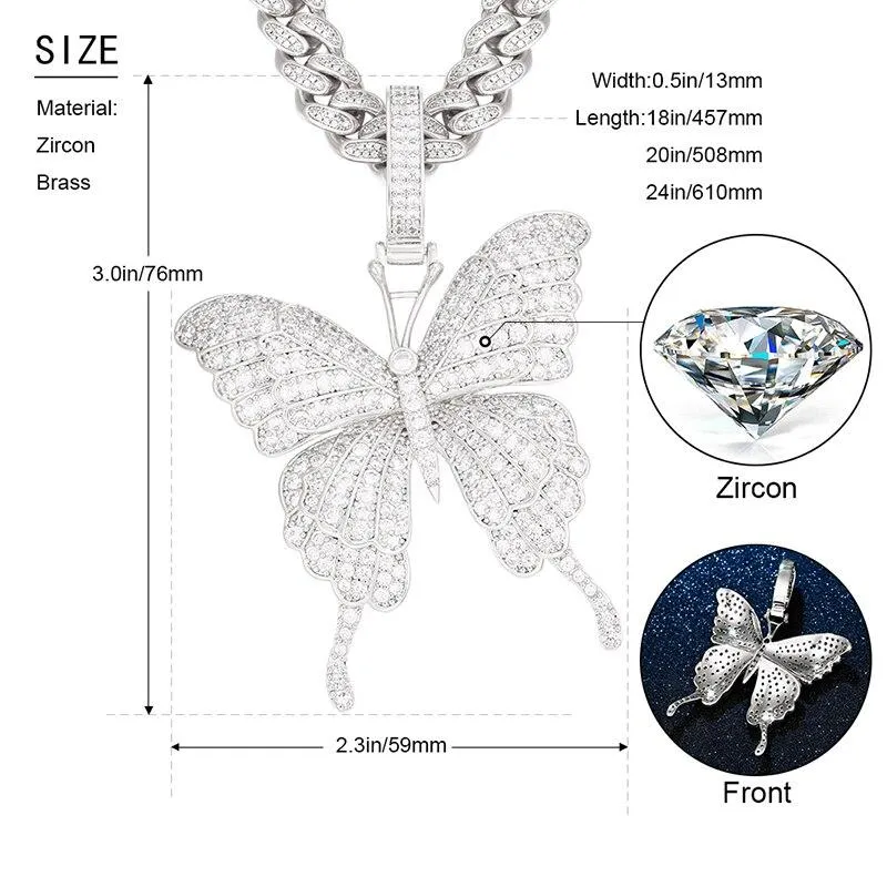 Women Butterfly Pendant Necklace Iced Out Link Chain Choker Necklace Bling Hip Hop Pendant Jewelry New Year Party Gifts