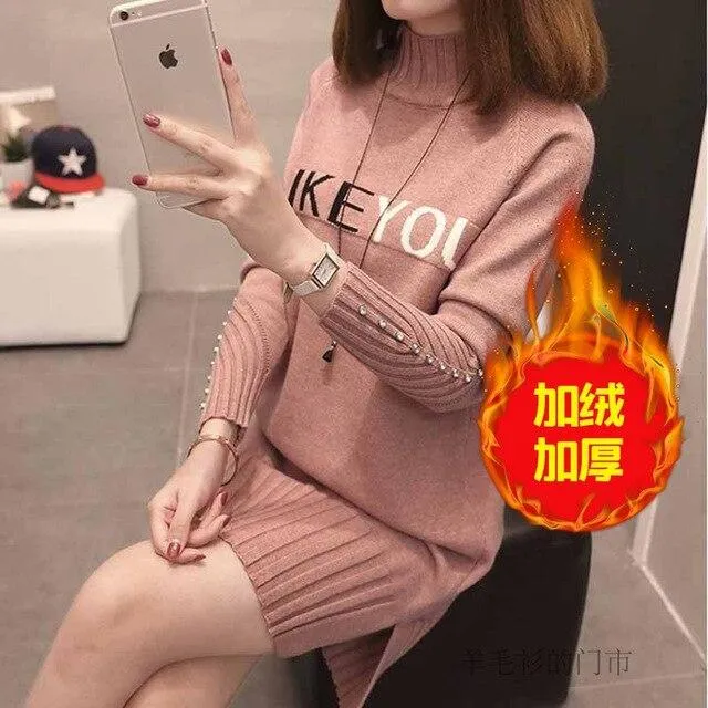 Women Knit Sweater Pullover NEW Autumn Winter Clothes Half Turtleneck Long-sleeved Bead Medium long Jumper Sweater Female Tops