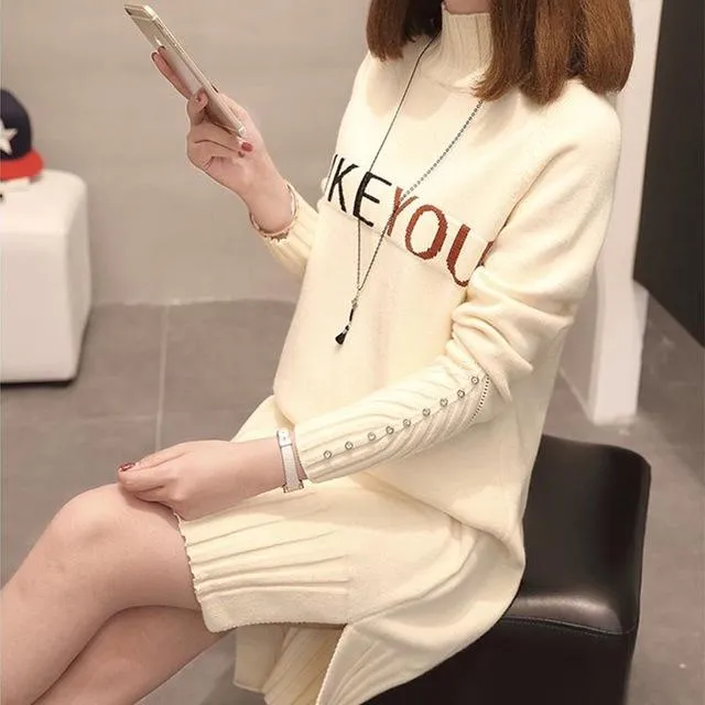 Women Knit Sweater Pullover NEW Autumn Winter Clothes Half Turtleneck Long-sleeved Bead Medium long Jumper Sweater Female Tops