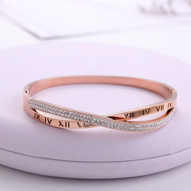 Women Rose Gold Silver Color Rhinestone Bracelet Cuff Simple